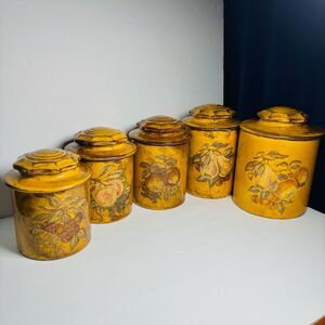 Vintage mid century Holiday Designs USA Marigold‎ color fruit canister set oF 5